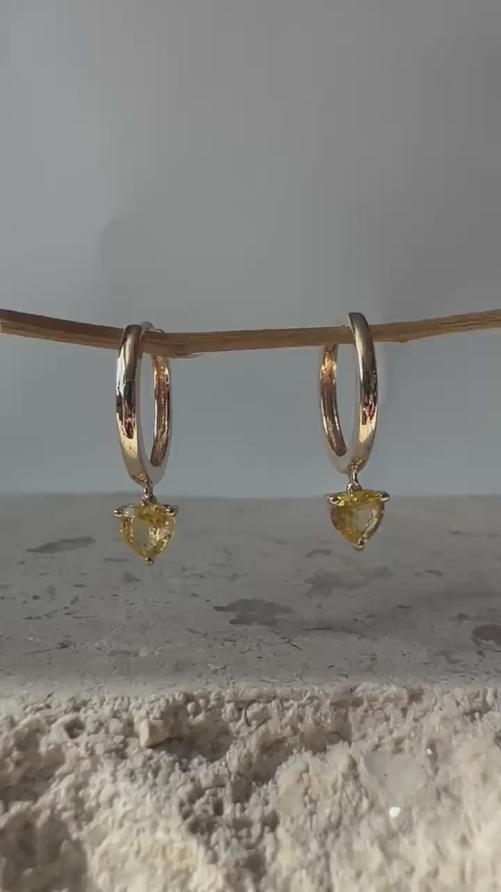 14K Solid Gold Genuine Yellow Sapphire Heart Huggies/Hoops/Pair