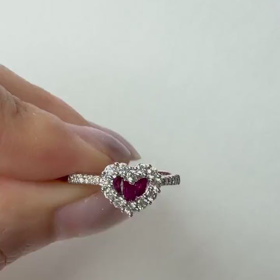 Natural Ruby Heart Ring, 18K White Gold, Baguette Ruby Diamond Halo Ring, July Birthstone Engagement Promise Ring