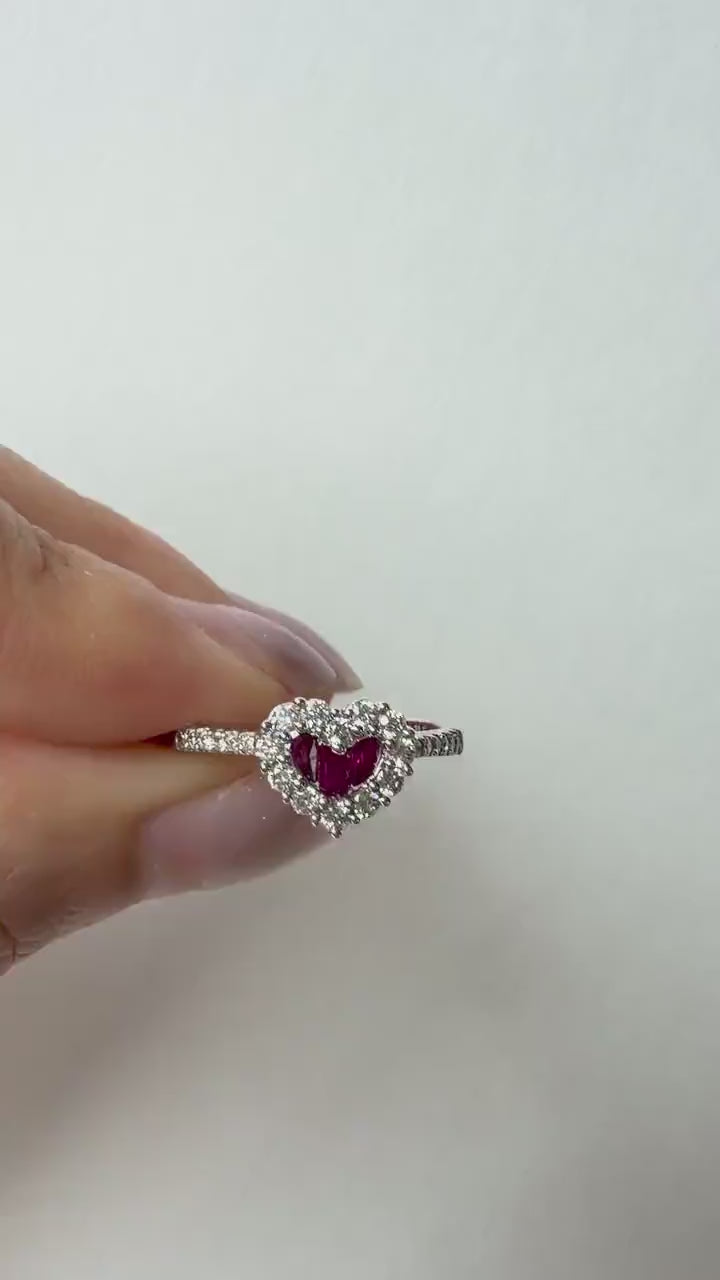 Natural Ruby Heart Ring, 18K White Gold, Baguette Ruby Diamond Halo Ring, July Birthstone Engagement Promise Ring