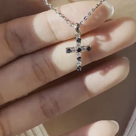 14K Solid Gold Genuine Sapphire and Diamond Cross Pendant (pendant only)