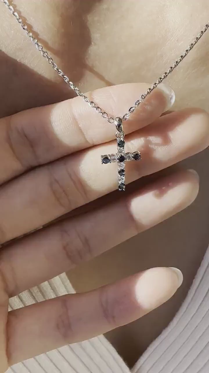 14K Solid Gold Genuine Sapphire and Diamond Cross Pendant (pendant only)