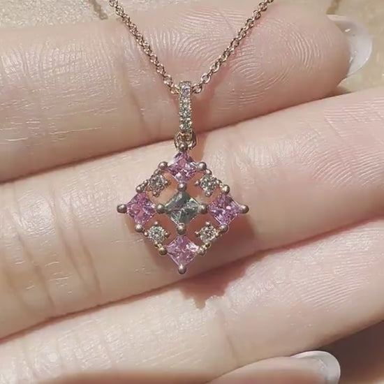 14K Solid Gold Genuine Pink Sapphire, Green Sapphire and Diamond Pendant