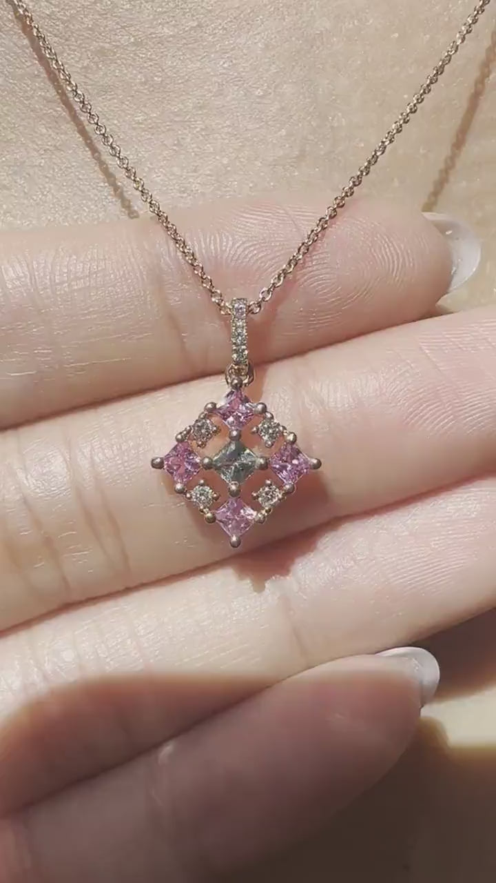 14K Solid Gold Genuine Pink Sapphire, Green Sapphire and Diamond Pendant