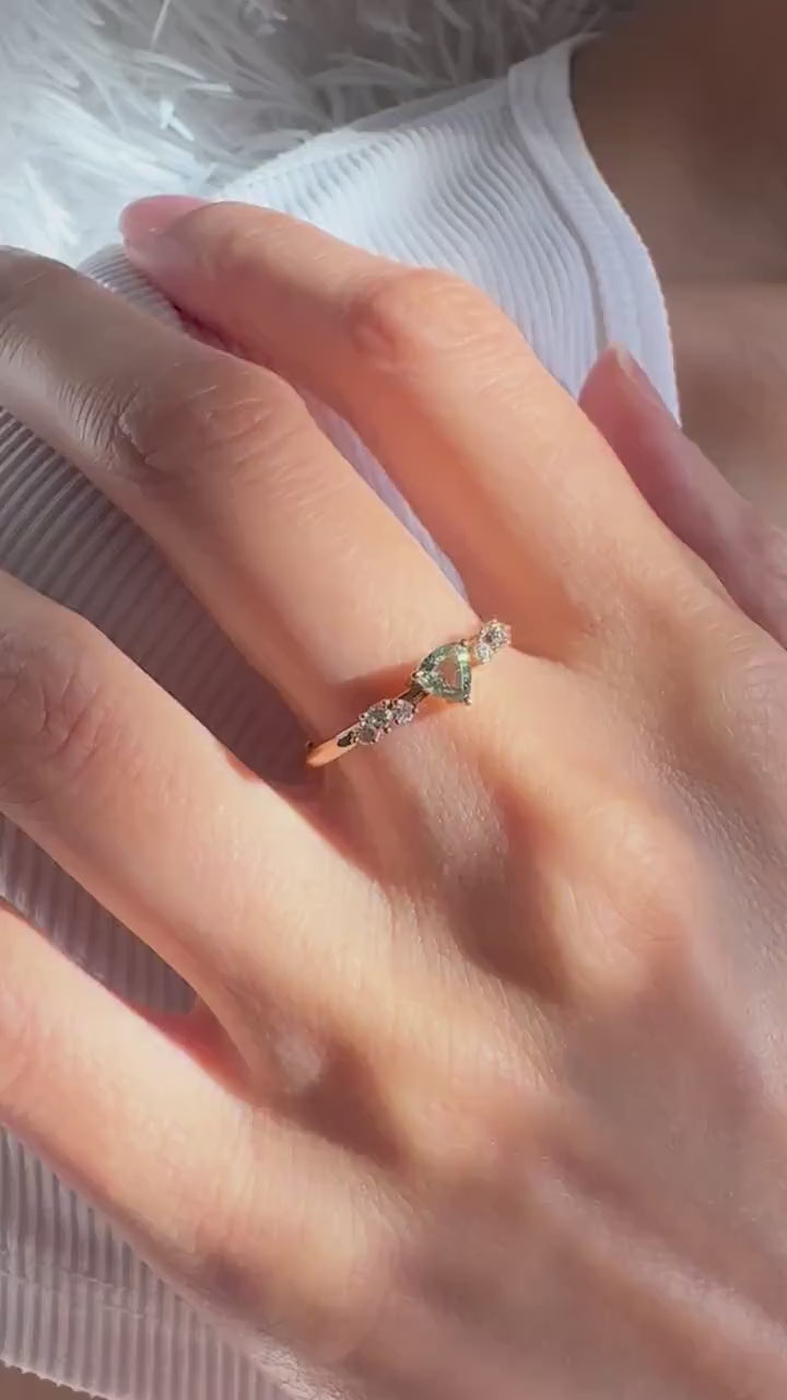 18K Solid Rose Gold Natural Green Sapphire Diamond Ring | Trillion Cut Green Sapphire | Alternative Engagement Ring | Fine Jewelry