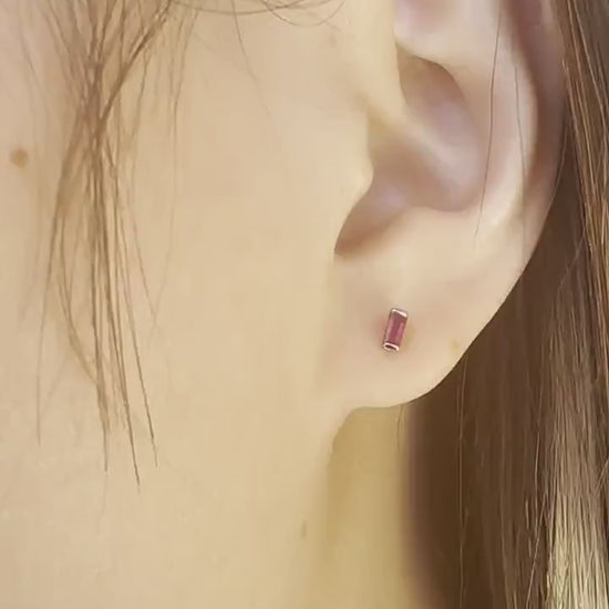 14K Solid Gold Genuine Baguette Ruby Studs/Pair