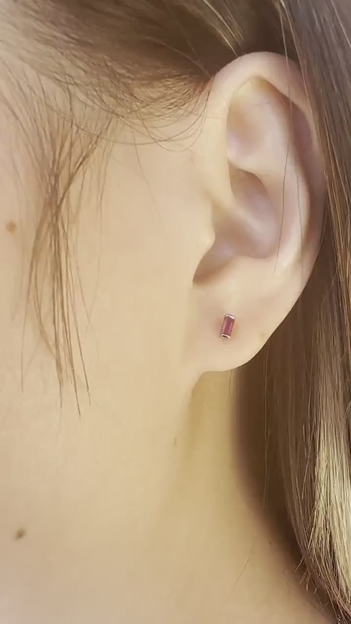 14K Solid Gold Genuine Baguette Ruby Studs/Pair