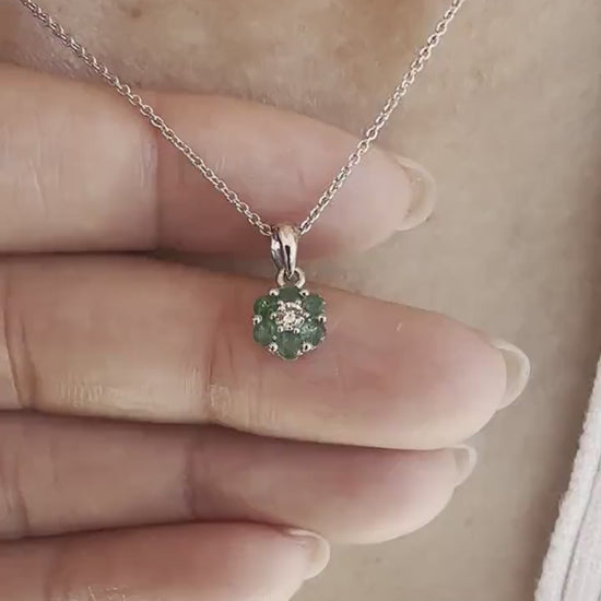 Emerald Flower Necklace, 14K Solid Gold Diamond Center Pendant, White or Yellow Gold, May Birthstone Gift for Her