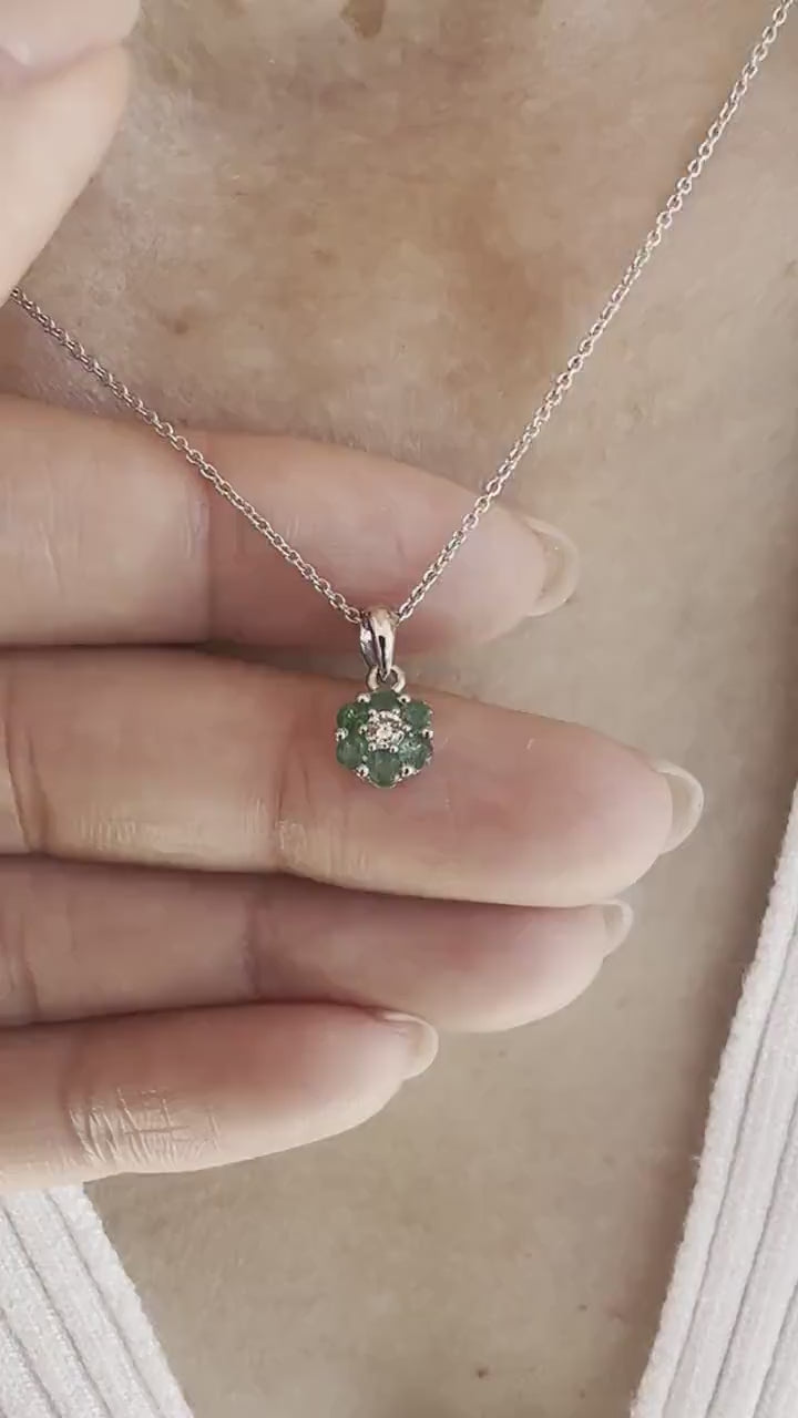 Emerald Flower Necklace, 14K Solid Gold Diamond Center Pendant, White or Yellow Gold, May Birthstone Gift for Her