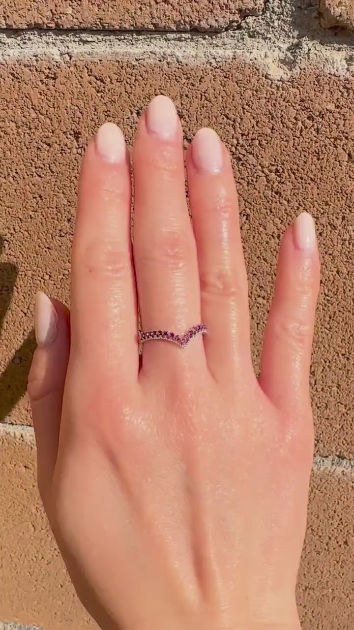 14K Solid White Gold Genuine Ruby Chevron Ring