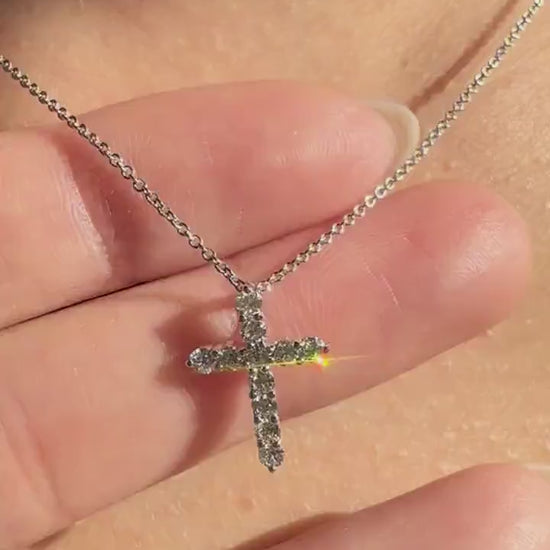 14K Solid Gold Genuine Round Diamond Cross Necklace