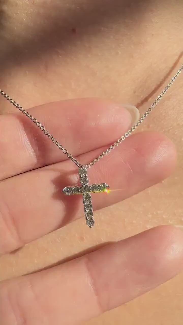 14K Solid Gold Genuine Round Diamond Cross Necklace