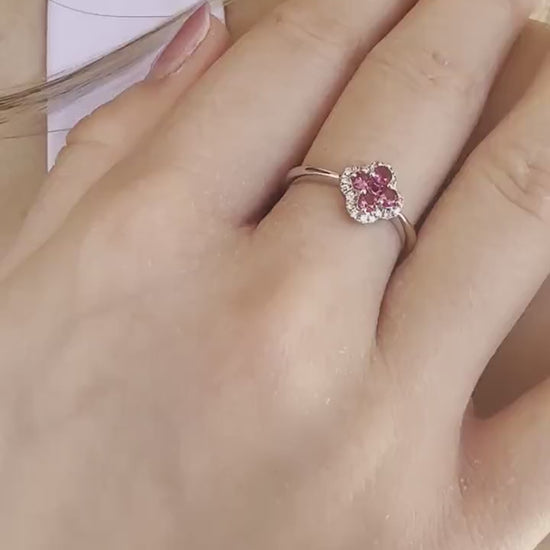 14K Solid Gold Genuine Ruby and Diamond Clover Ring