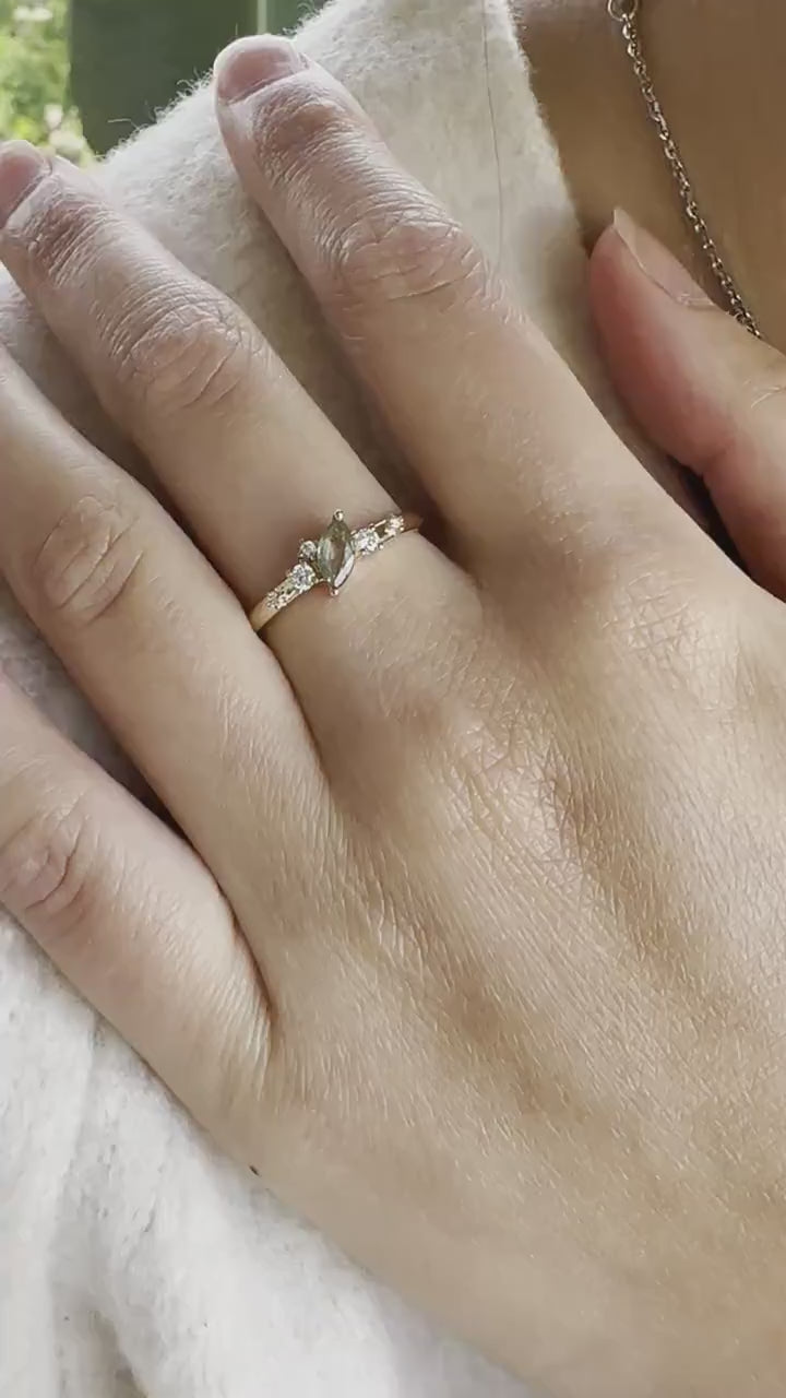 18K Solid Rose Gold Genuine Green Sapphire and Diamond Ring