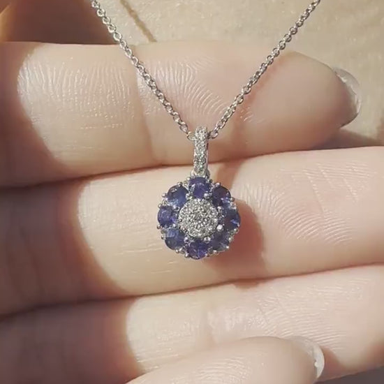 18K Solid White Gold Genuine Sapphire and Diamond Flower Pendant