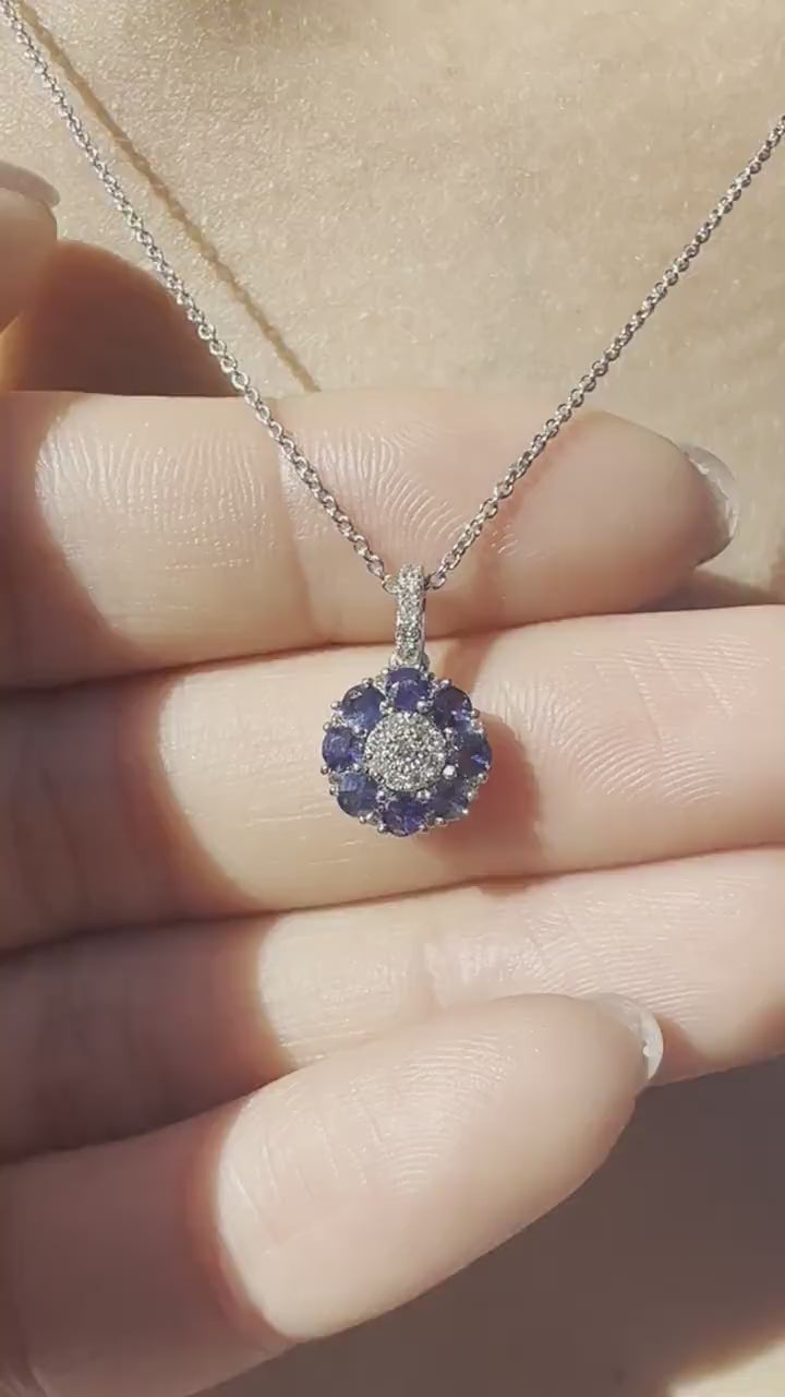 18K Solid White Gold Genuine Sapphire and Diamond Flower Pendant