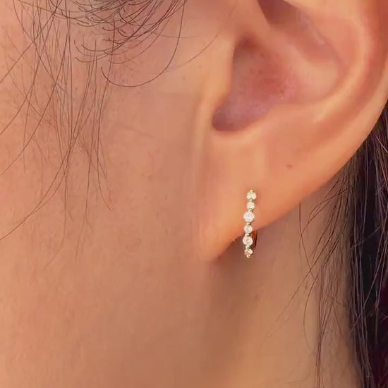 14K Solid Gold Natural Diamond Huggie Hoop Earrings, Genuine Diamond Hoops, Graduated Row, April Birthstone Everyday Jewelry