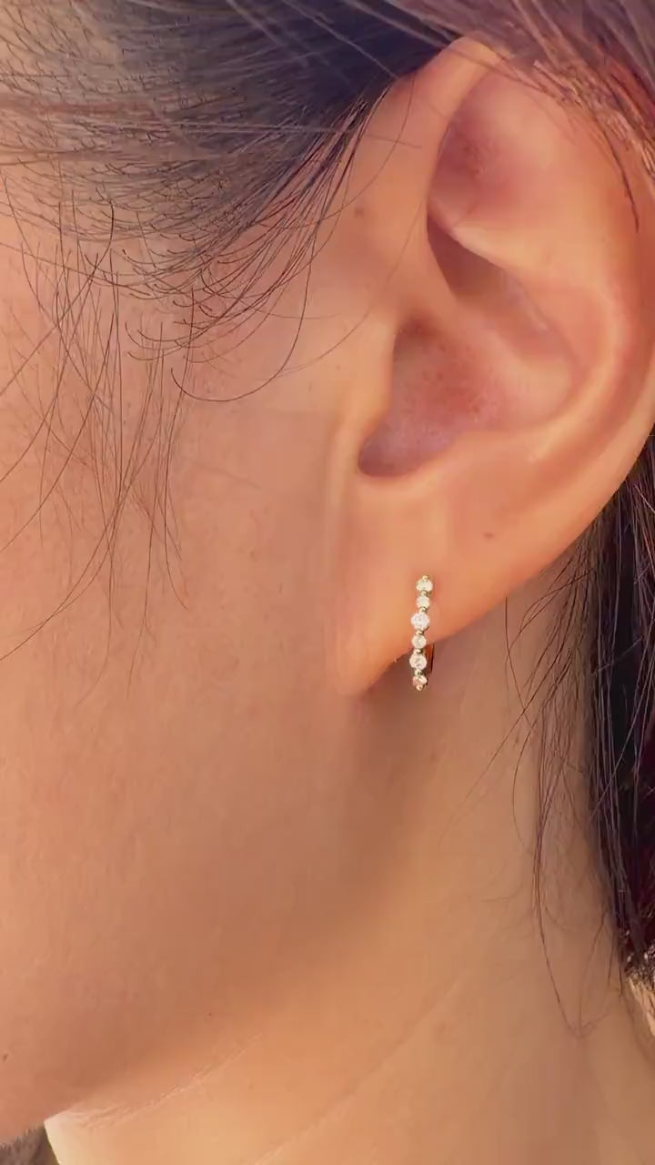 14K Solid Gold Natural Diamond Huggie Hoop Earrings, Genuine Diamond Hoops, Graduated Row, April Birthstone Everyday Jewelry