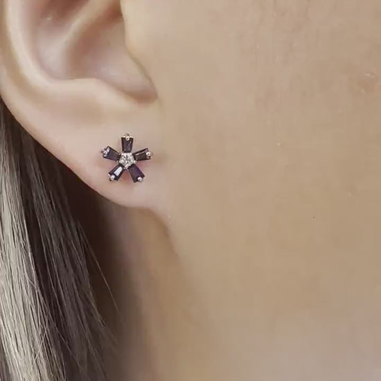 14K Solid Gold Natural Sapphire Flower Earrings | Genuine Earth Mined Sapphire Floral Earrings | September Birthstone Gift