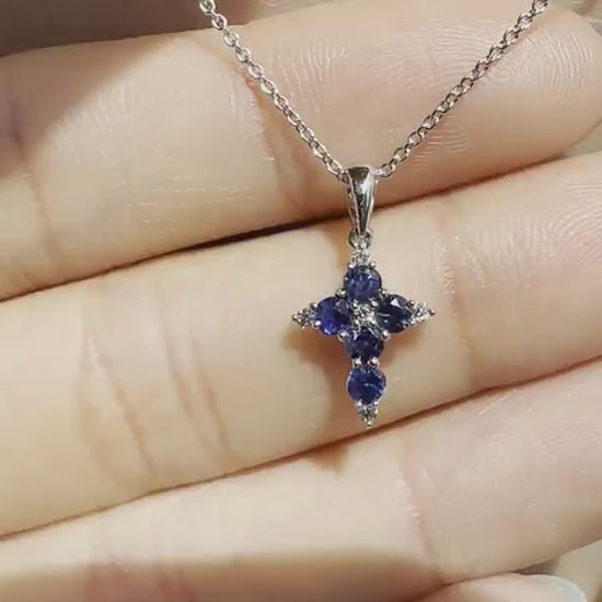 14K Solid White Gold Genuine Sapphire and Diamond Dainty Cross Pendant (pendant only)