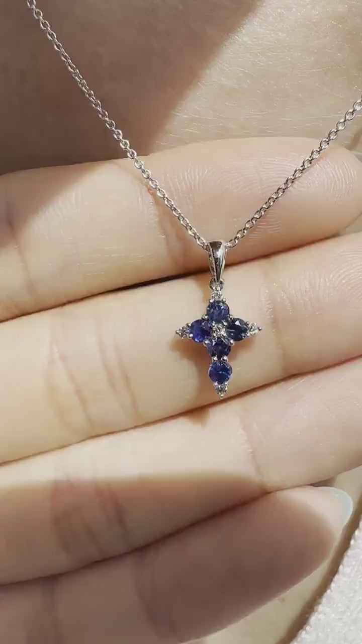 14K Solid White Gold Genuine Sapphire and Diamond Dainty Cross Pendant (pendant only)
