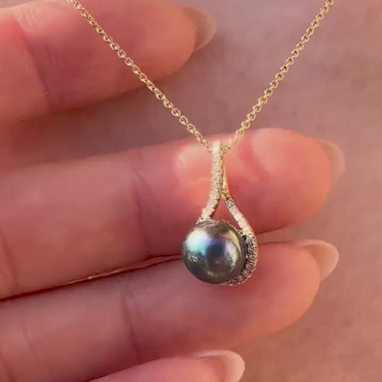 14K Solid Gold Genuine Diamond and Black Pearl Twist Pendant