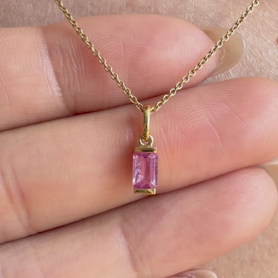 14K Solid Gold Genuine Pink Sapphire Baguette Necklace