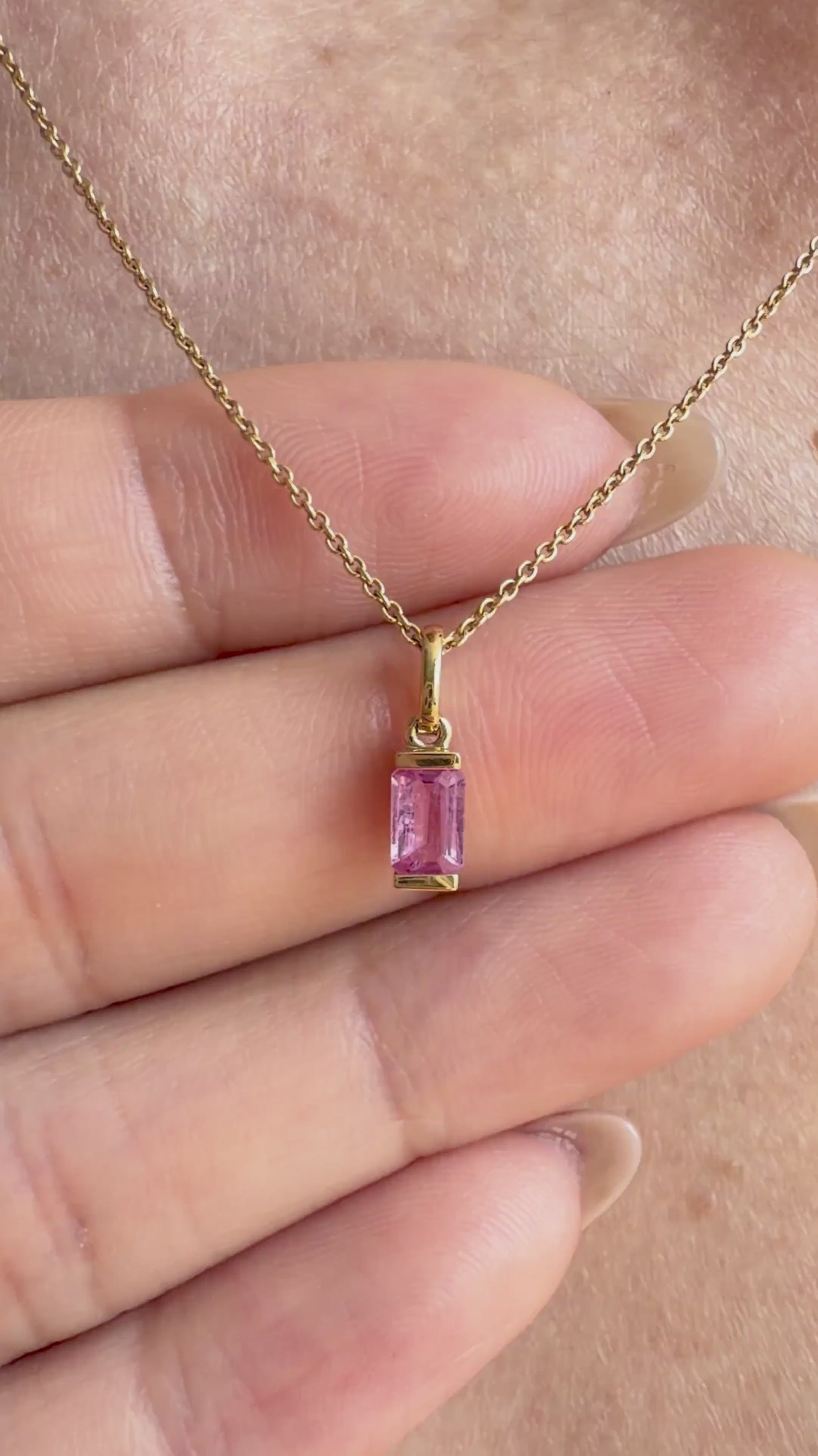 14K Solid Gold Genuine Pink Sapphire Baguette Necklace