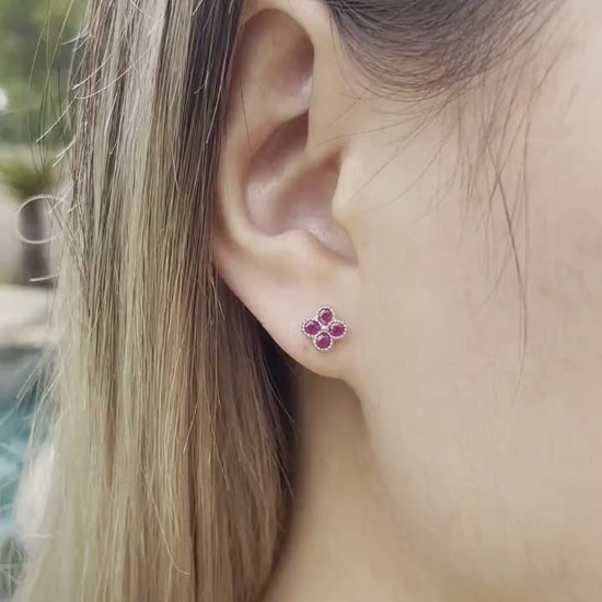 14K Solid Gold Genuine Ruby Clover Studs