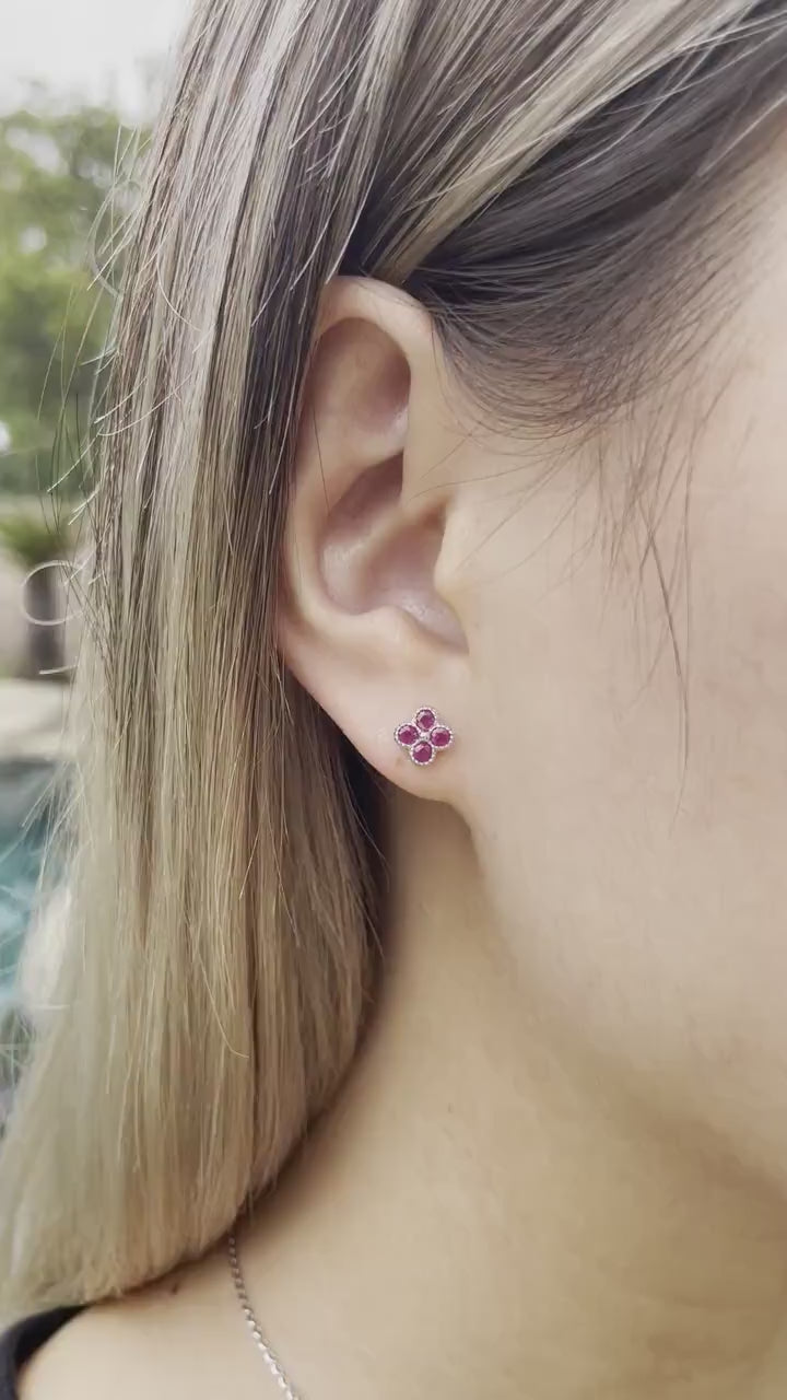 14K Solid Gold Genuine Ruby Clover Studs
