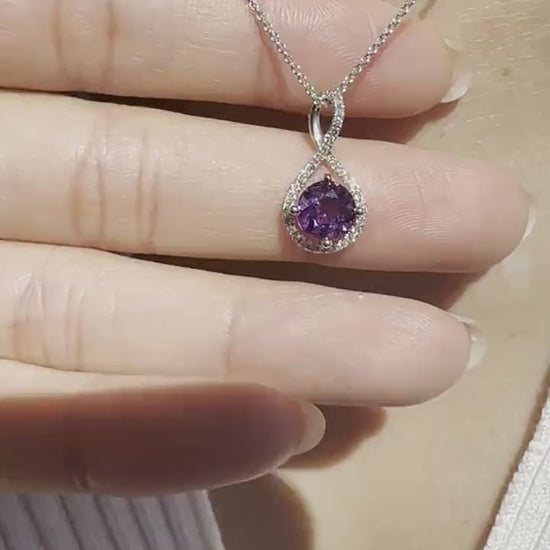 14K Solid Gold Genuine Amethyst and Diamond Twist Pendant/August Birthstone