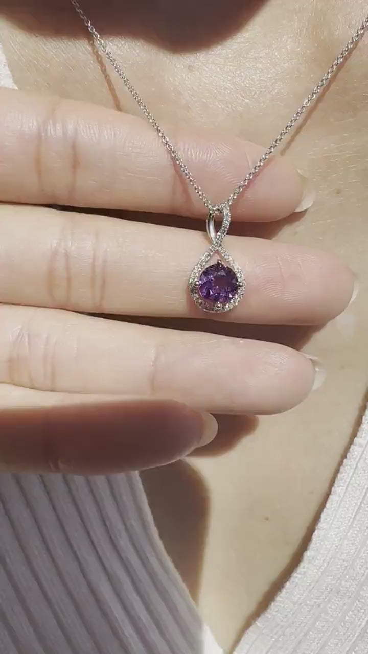 14K Solid Gold Genuine Amethyst and Diamond Twist Pendant/August Birthstone
