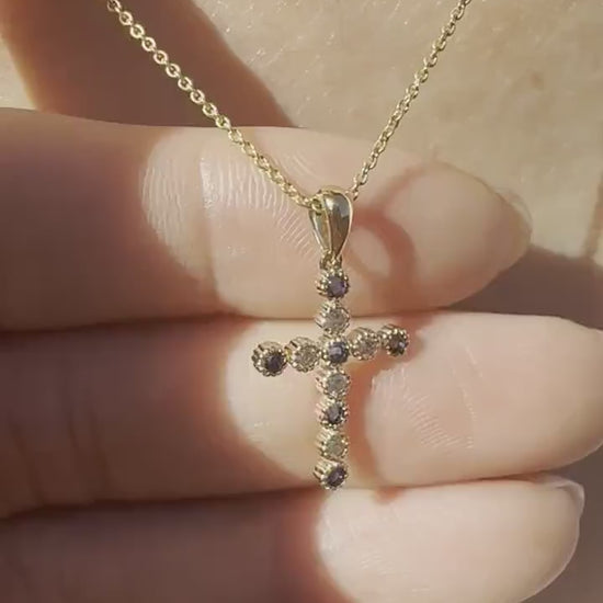 14K Solid Gold Genuine Sapphire and Diamond Bezel Cross Pendant
