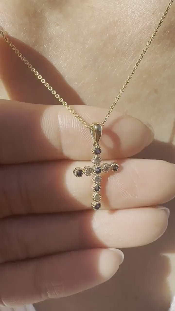 14K Solid Gold Genuine Sapphire and Diamond Bezel Cross Pendant