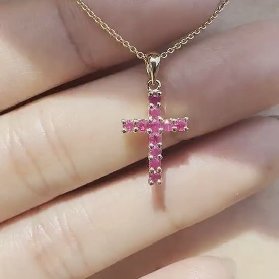 14K Solid Gold Genuine Ruby Cross Pendant