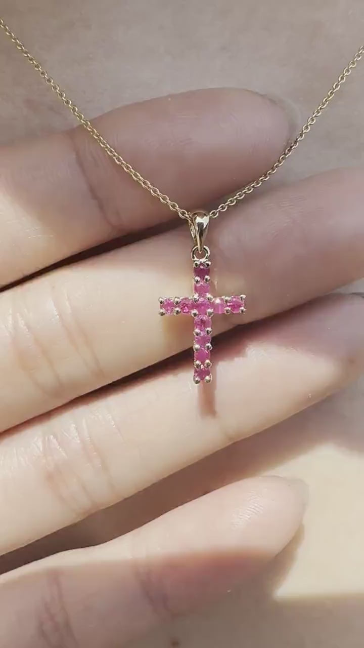 14K Solid Gold Genuine Ruby Cross Pendant