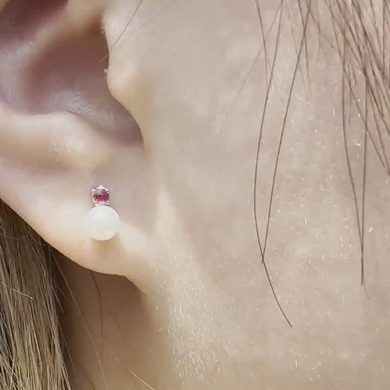 Ruby Pearl Stud Earrings, 14K Solid Gold Genuine Ruby Studs, White or Yellow Gold, July Birthstone Gift for Her