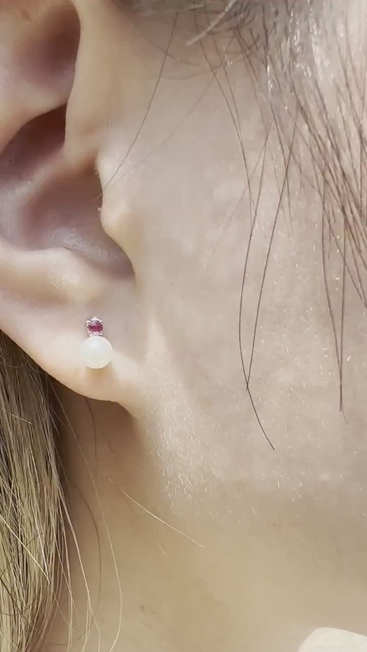 Ruby Pearl Stud Earrings, 14K Solid Gold Genuine Ruby Studs, White or Yellow Gold, July Birthstone Gift for Her