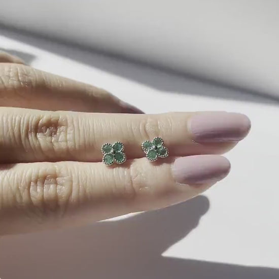 14K Solid Gold Emerald Clover Studs / Earring