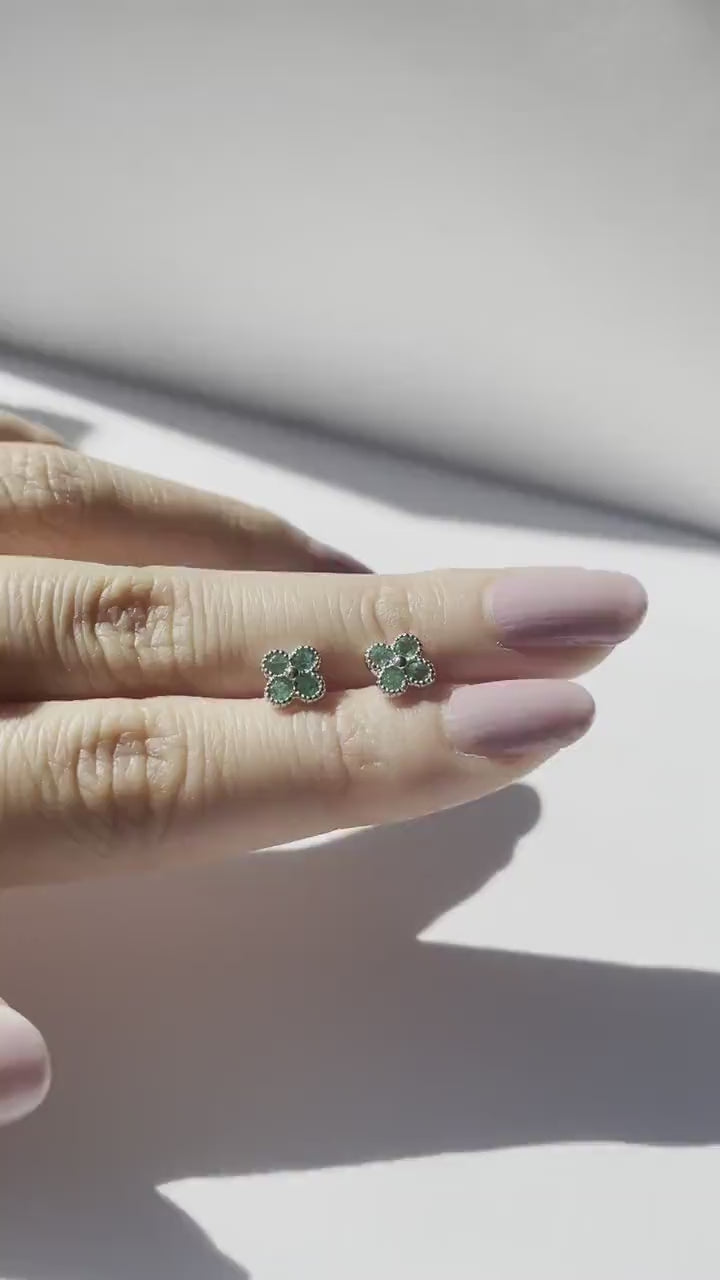 14K Solid Gold Emerald Clover Studs / Earring