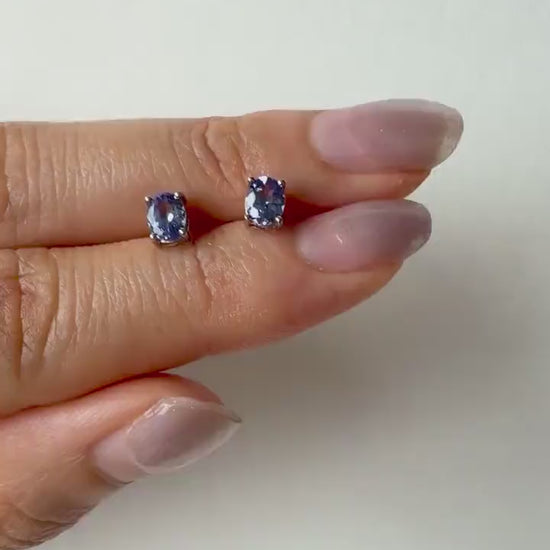 Tanzanite Stud Earrings, 14K Solid White Gold Genuine Tanzanite Earrings, Oval Cut, December Birthstone Gift for Her