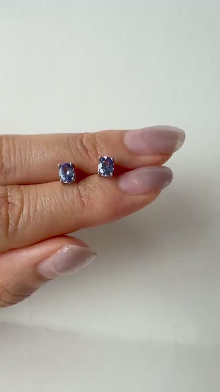 Tanzanite Stud Earrings, 14K Solid White Gold Genuine Tanzanite Earrings, Oval Cut, December Birthstone Gift for Her