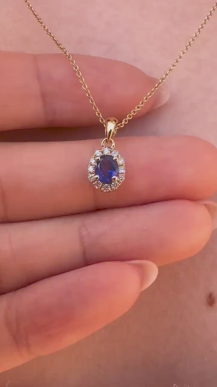 14K Solid Gold Genuine Diamond and Sapphire Pendant
