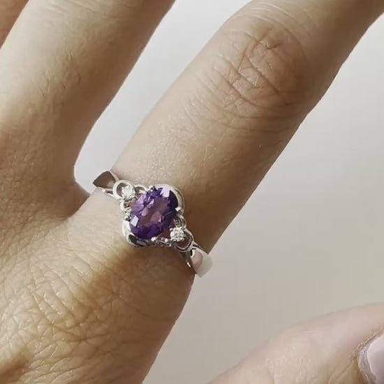 Natural Amethyst Diamond Ring | 14K White Gold Oval Amethyst Ring | Promise Ring | February Birthstone Gift