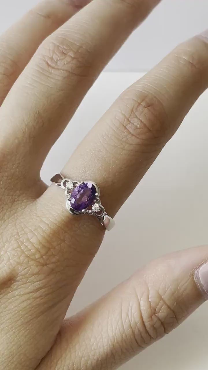 Natural Amethyst Diamond Ring | 14K White Gold Oval Amethyst Ring | Promise Ring | February Birthstone Gift