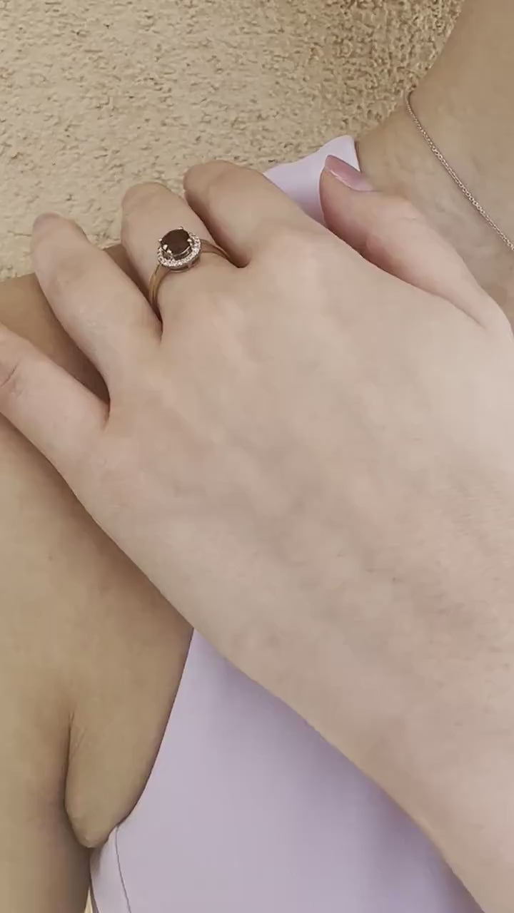 14K Solid Yellow Gold Natural Garnet Diamond Ring | Genuine Garnet Halo Ring | January Birthstone | Engagement Promise Ring Gift
