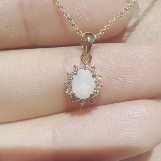 14K Solid Gold Genuine Opal and Diamond Pendant