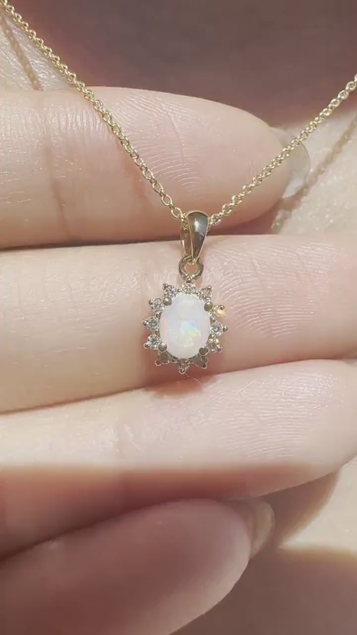 14K Solid Gold Genuine Opal and Diamond Pendant