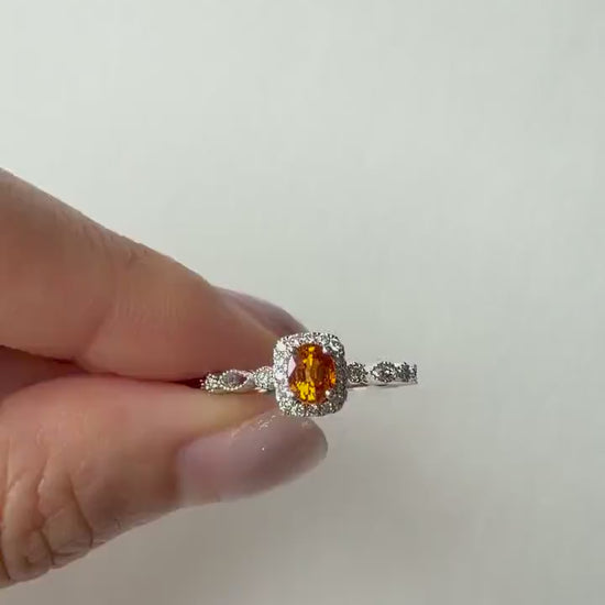 Natural Orange Sapphire Diamond Halo Ring, 18K White Gold, Genuine Oval Sapphire Vintage Twist Band, September Gift