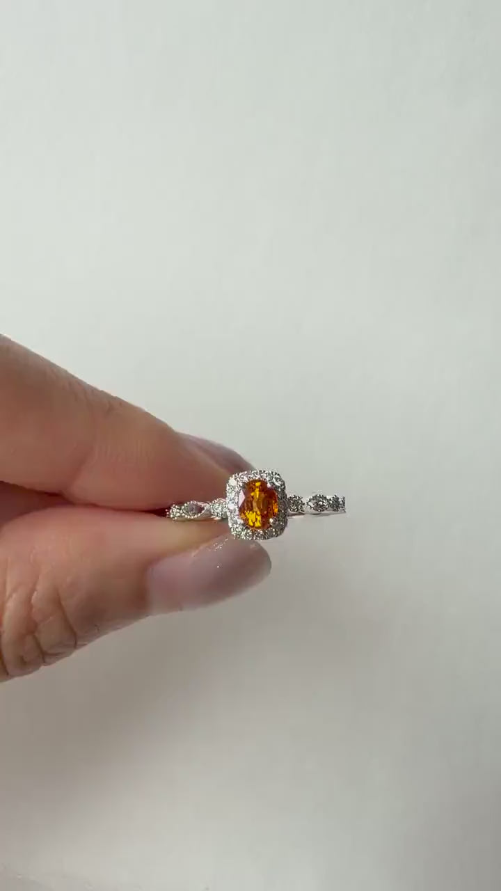 Natural Orange Sapphire Diamond Halo Ring, 18K White Gold, Genuine Oval Sapphire Vintage Twist Band, September Gift
