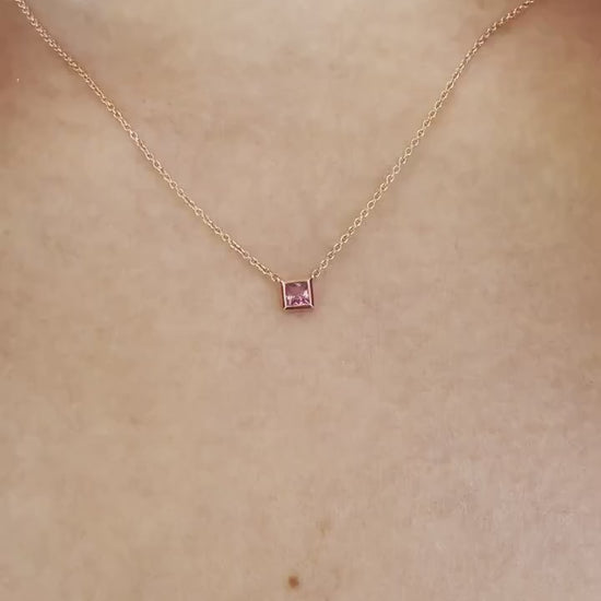 14K Solid Gold Genuine Pink Sapphire Square Necklace